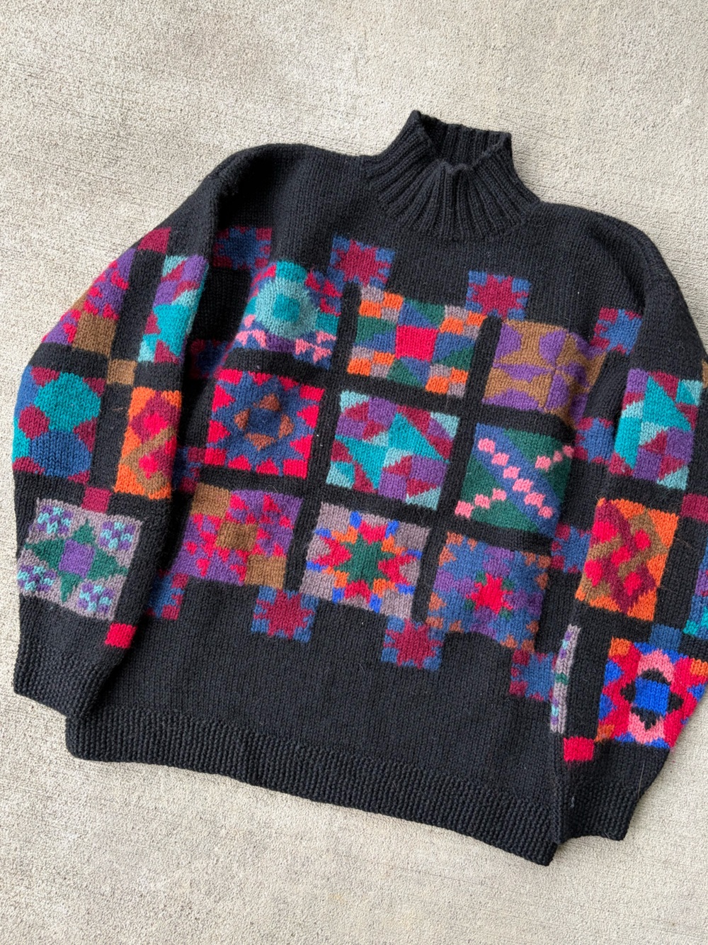 Vintage 90s LLbean 100% wool knit granny square boho sweater jumper top rainbow - Picture 4 of 7